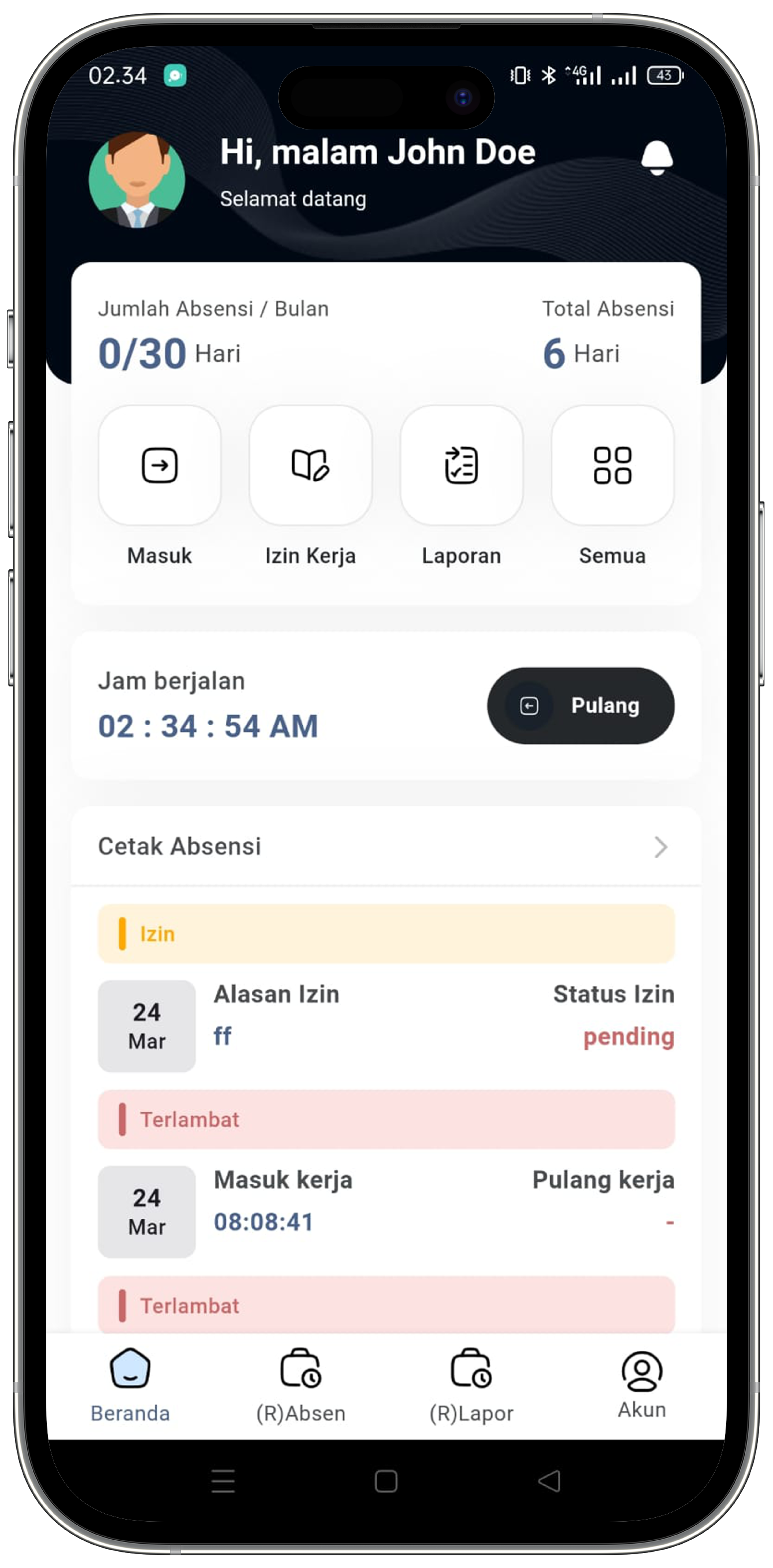 Screenshot tampilan Absensi MyQuh pada telepon